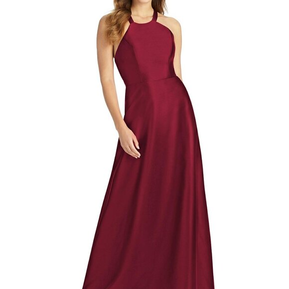 Alfred Sung 763..Full length, Halter, Lace-up Back, Satin Dress..Burgundy..Sz 0 - Picture 1 of 4